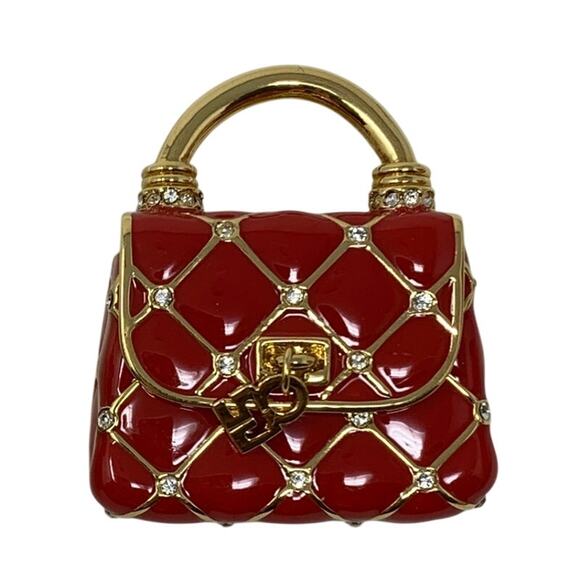 St. John Jewelry - VTG St. John Quilted Handbag Brooch Enamel Red Gold Tone Crystal Mini Purse Pin